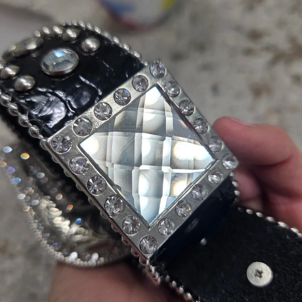 Vintage Blazin Roxx Women Blk Croc Rhinestone Western Belt Silver Studded XL Y2K